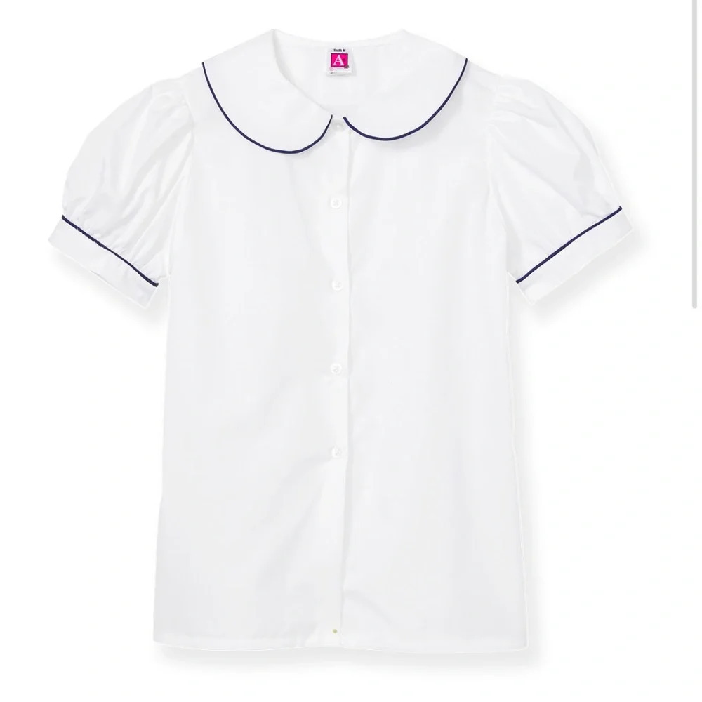 A+ White Peter Pan School Uniform Blouse Navy Blue Piping Short Sleeve S…
